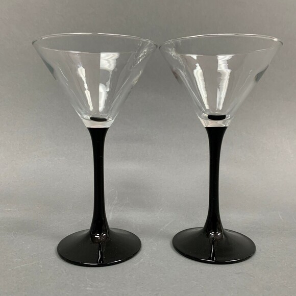 Glasses France Martini Clear Black Stem 6 1/2 Glass Lot of 2 - Picture 4 of 5